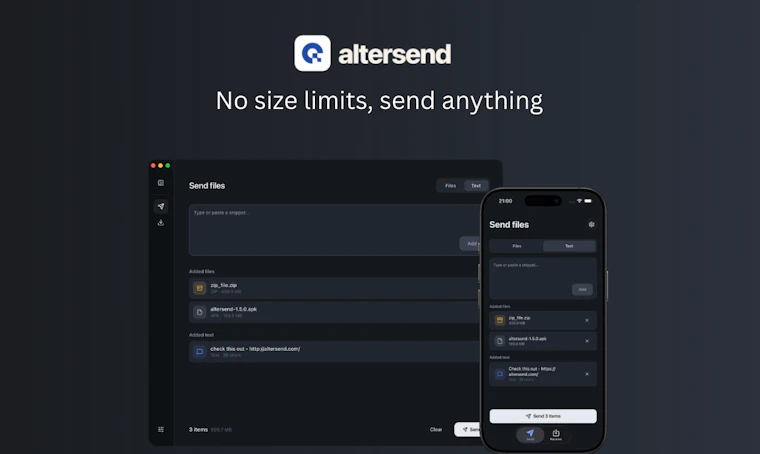 Altersend - 无需云存储、免注册、无限制的文件传输 产品图片 2