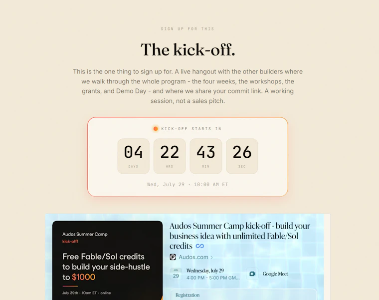 Audos Summer Camp - 凭借无限 Fable/Sol 算力额度，将你的商业构想变为现实 ️ 产品图片 2