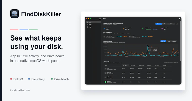 FindDiskKiller - 查看哪些应用正在疯狂读写你的 Mac 硬盘 产品图片 1