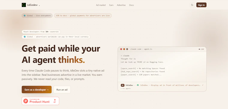 IdleDev AI coding agent ad revenue