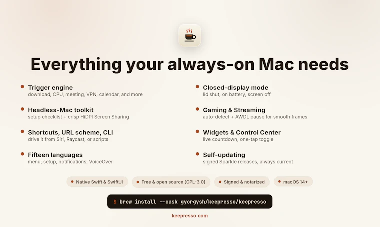 Keepresso - 按需保持 Mac 唤醒，自由掌控。免费开源 产品图片 8