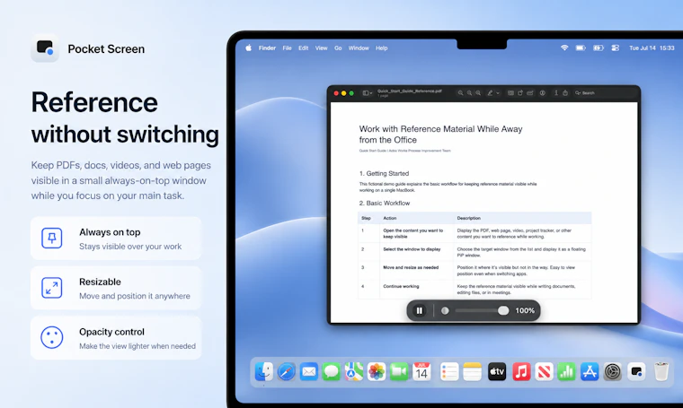 Pocket Screen - 让任意 Mac 窗口以悬浮迷你屏形式常驻可见 产品图片 2