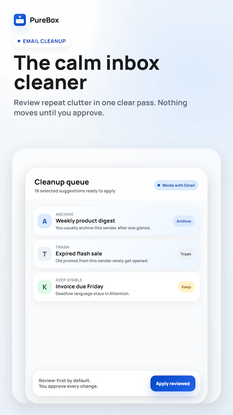PureBox.ai - 先审后删:专为真实Gmail收件箱打造的AI智能清理助手。 产品图片 1
