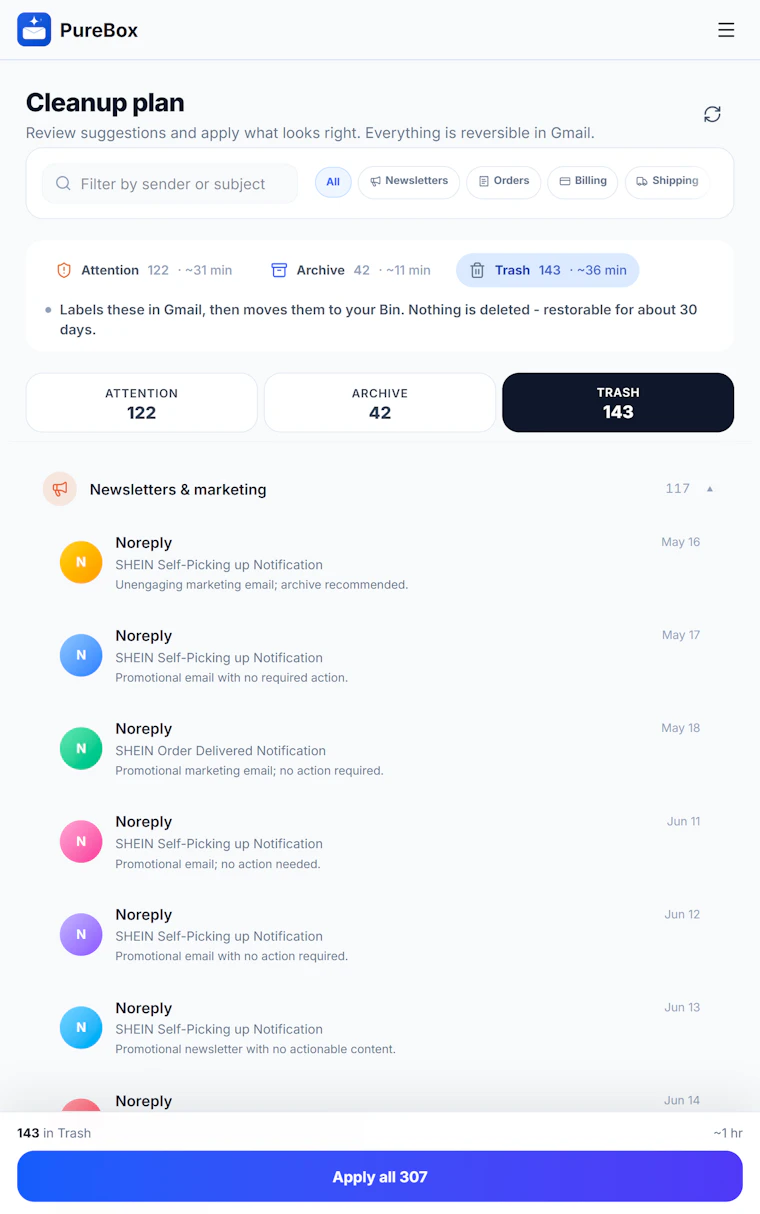 PureBox.ai - 先审后删:专为真实Gmail收件箱打造的AI智能清理助手。 产品图片 7