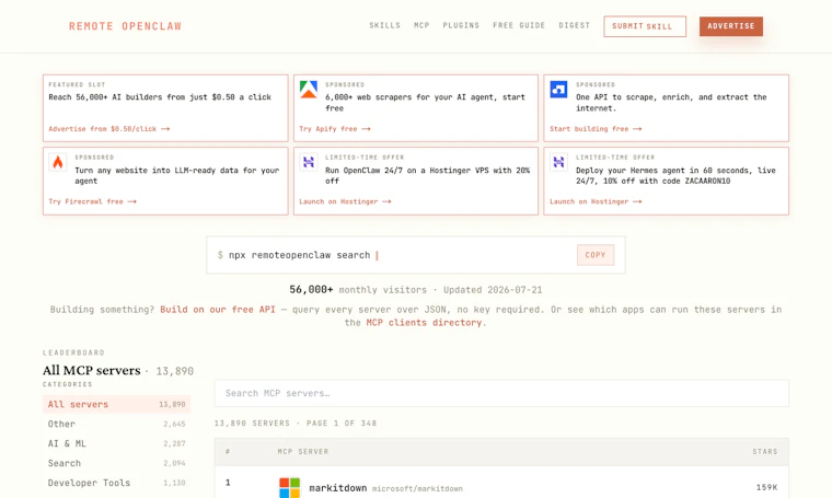 Remote OpenClaw - 为 AI 编程智能体提供 13,000+ MCP 服务器、技能与插件 产品图片 6