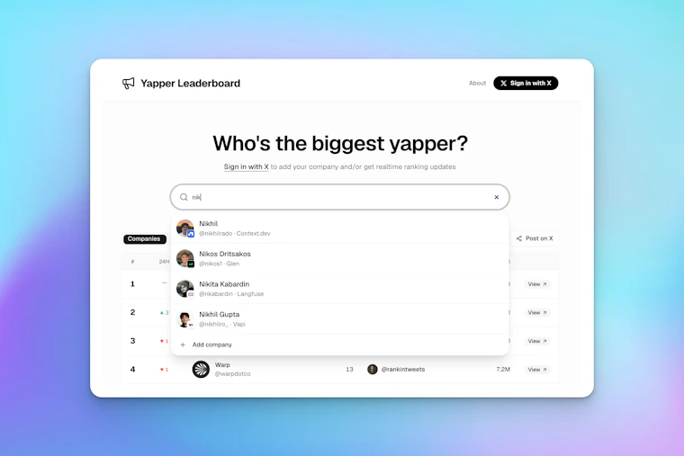 Yapper Leaderboard - 一览 X/Twitter 上最活跃的初创企业发声榜 产品图片 3