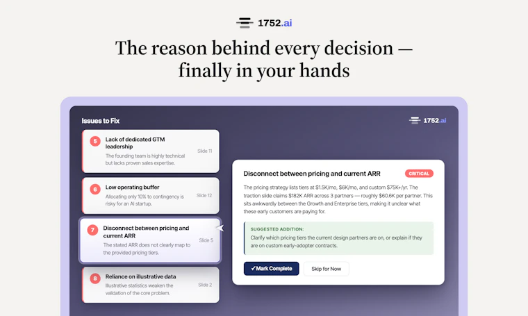 1752vc Pitch Deck Analyzer - 在点击发送前，精准预判投资人的真实反馈。 产品图片 2