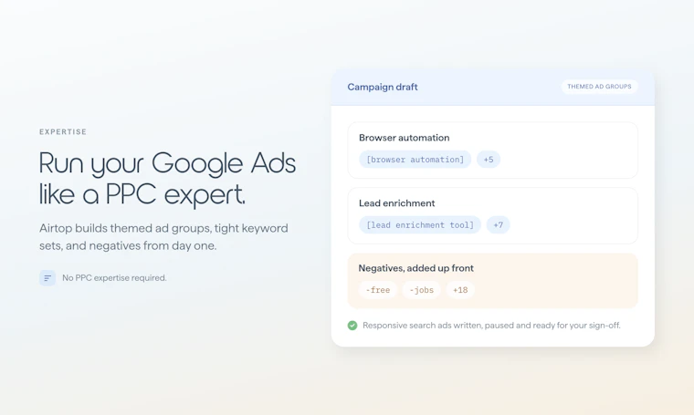 Airtop for Google Ads Automation - 搭建广告活动,优化预算支出,一键生成报表。 产品图片 2