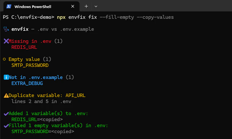 envfix - 专为 Node.js 项目打造的轻量级 .env 环境配置医生 产品图片 2
