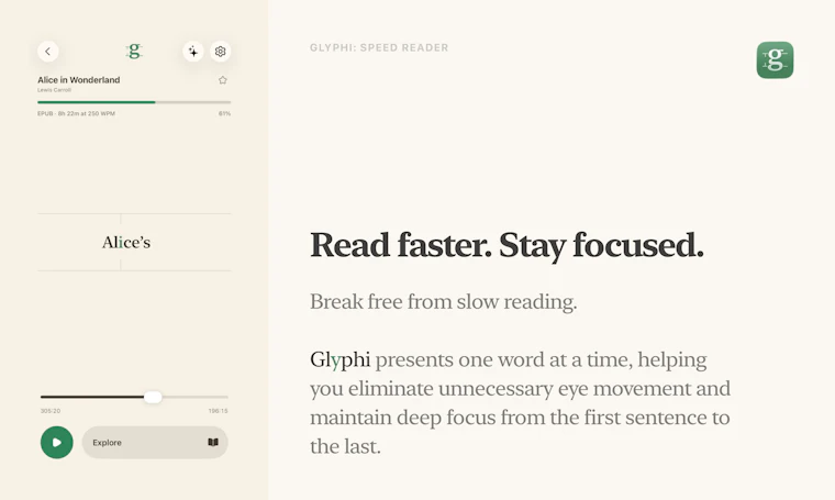 Glyphi: Speed Reader - 专为书籍、PDF、文章与网页打造的RSVP速读工具 产品图片 1