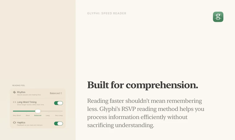 Glyphi: Speed Reader - 专为书籍、PDF、文章与网页打造的RSVP速读工具 产品图片 3
