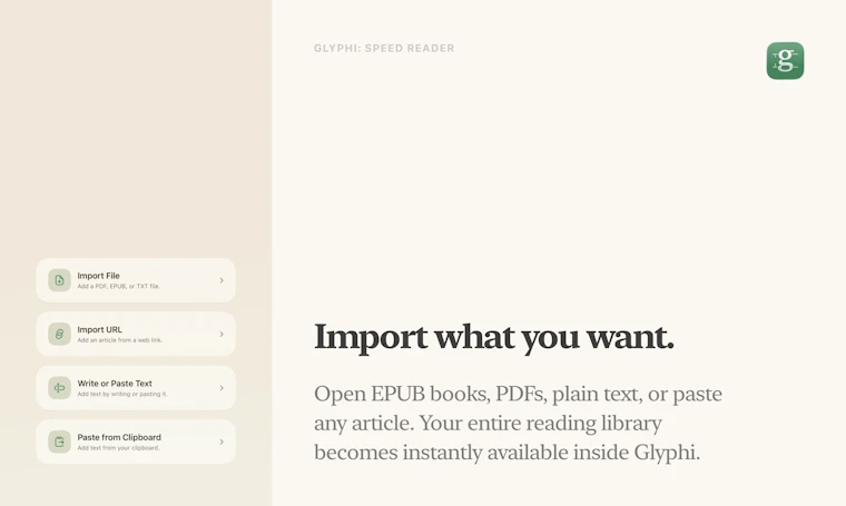Glyphi: Speed Reader - 专为书籍、PDF、文章与网页打造的RSVP速读工具 产品图片 4