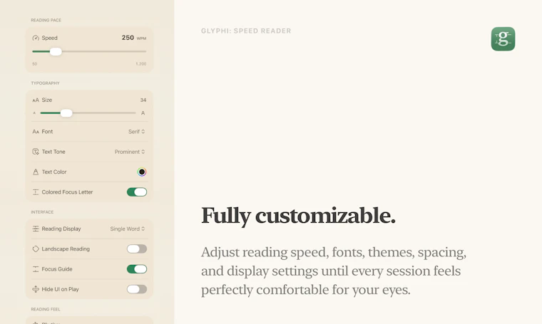 Glyphi: Speed Reader - 专为书籍、PDF、文章与网页打造的RSVP速读工具 产品图片 5