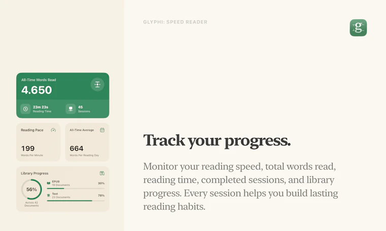 Glyphi: Speed Reader - 专为书籍、PDF、文章与网页打造的RSVP速读工具 产品图片 6