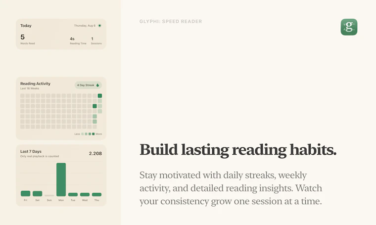 Glyphi: Speed Reader - 专为书籍、PDF、文章与网页打造的RSVP速读工具 产品图片 7