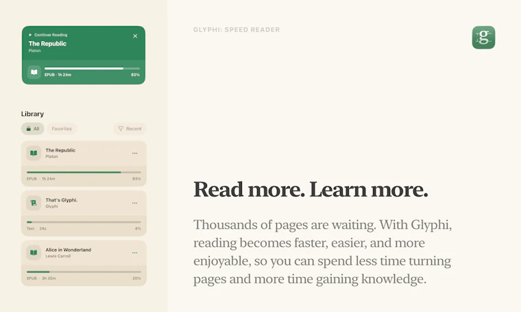 Glyphi: Speed Reader - 专为书籍、PDF、文章与网页打造的RSVP速读工具 产品图片 9