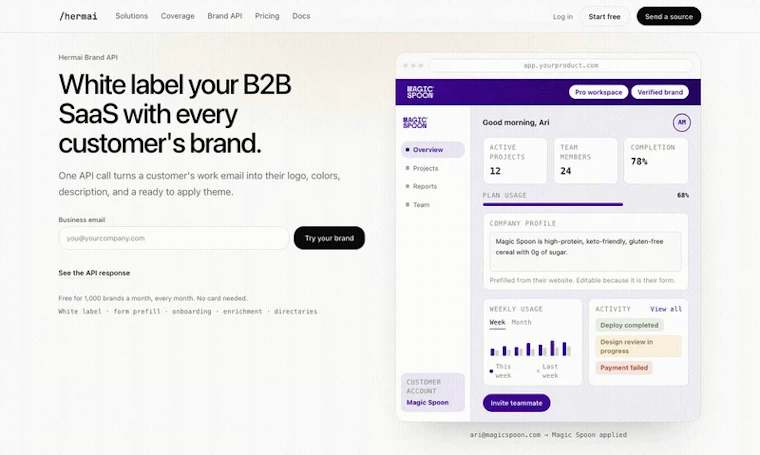 Hermai Brand API - 一键白标化：让每位客户都拥有专属品牌的 B2B SaaS 产品图片 5