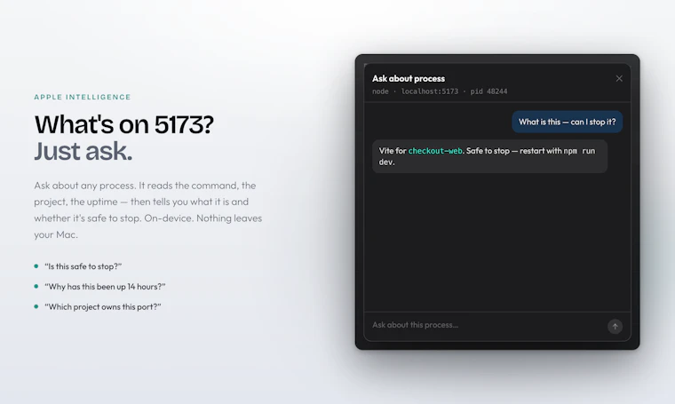 Port Radar for macOS - 专为 Mac 打造的 AI 端口管理器。告别终端敲 lsof 的日子。 产品图片 2