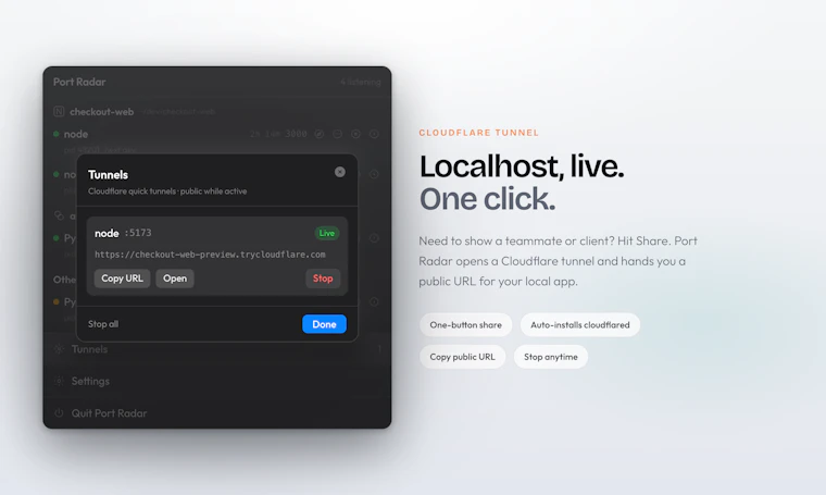 Port Radar for macOS - 专为 Mac 打造的 AI 端口管理器。告别终端敲 lsof 的日子。 产品图片 3
