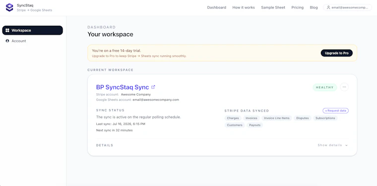 SyncStaq - Stripe账单数据，在Google表格中始终保持最新 产品图片 2