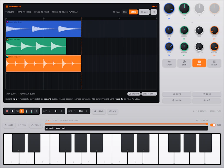 Wavepocket ▶︎•၊||၊||။၊|။ - 集合成器、鼓机、四轨磁带循环与效果器于一体的创作工具 产品图片 4