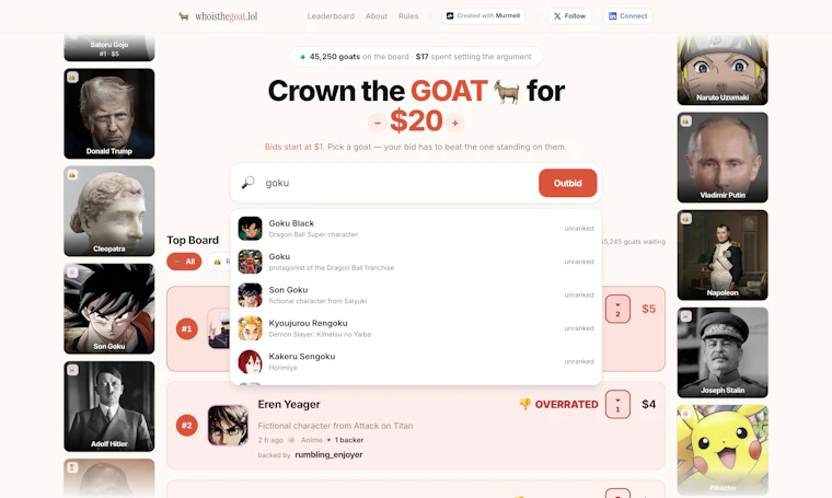 whoisthegoat.lol - 竞价角逐历代“山羊之王”（整活专用） 产品图片 3
