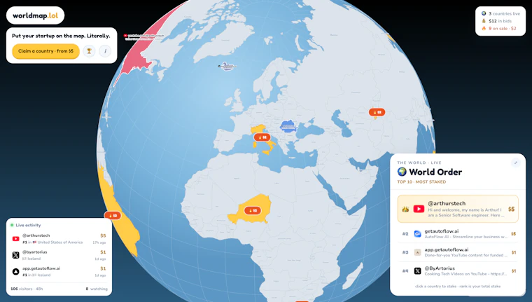 WorldMap.lol - 让你的创业项目真正‘上地图’。 产品图片 2
