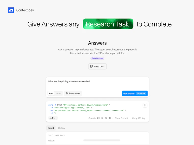 Answers by Context.dev - 输入研究任务与期望的JSON结构，一键获取精准结果。 产品图片 3
