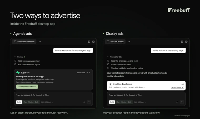 Freebuff Ads - 借助我们的编程智能体，精准触达50万开发者 产品图片 2
