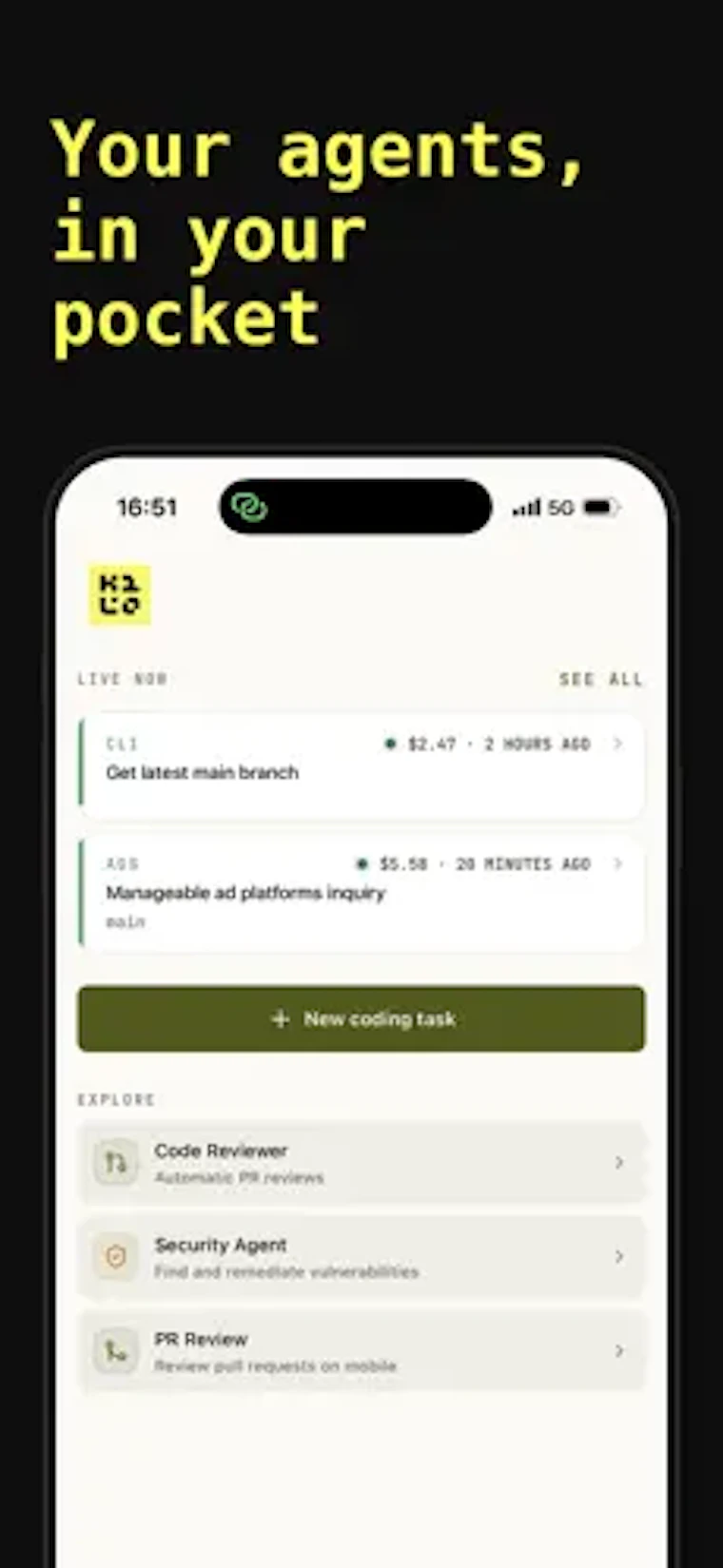 Kilo Code for iOS and Android - 启动编码智能体，掌控开发会话，审查 PR。随时随地。 产品图片 2