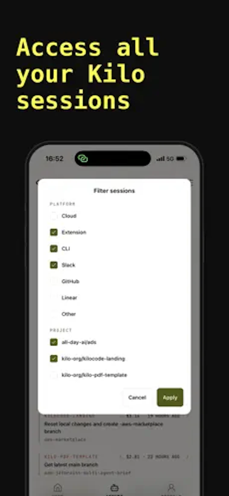 Kilo Code for iOS and Android - 启动编码智能体，掌控开发会话，审查 PR。随时随地。 产品图片 4