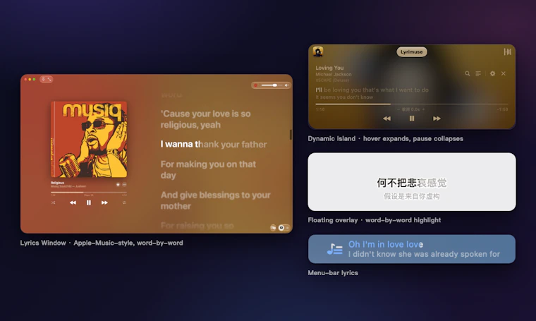 Lyrimuse - 精准匹配曲目的 macOS 逐字同步歌词，自动甄选正确版本 产品图片 2