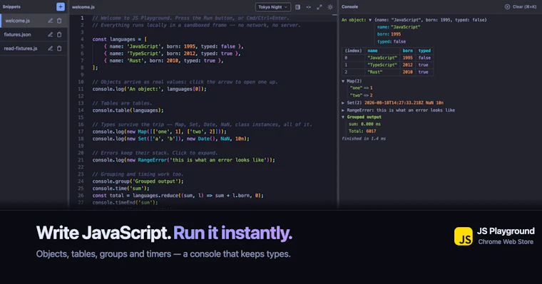 Offline JS Playground - 离线编写、运行与测试 JavaScript 代码片段及 JSON 产品图片 2