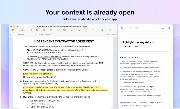 Sider Omni Sidebar - 为每个 Mac 应用配备智能代理侧边栏 产品图片 2