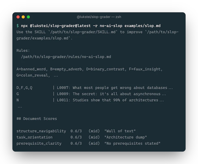slop-grader - 基于 Jev-AI 的命令行工具，可根据自定义规则集评估文本质量 产品图片 1