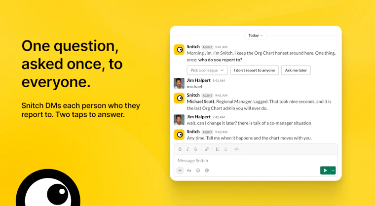 Snitch - 由全员共建的 Slack 组织架构图。 产品图片 2