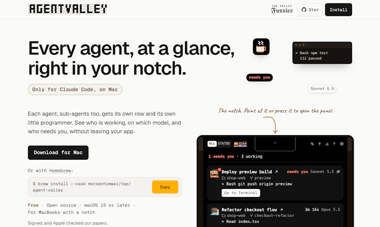 AgentValley - Mac 灵动岛上一览无余,Claude Code 智能体尽在掌握 产品图片 1