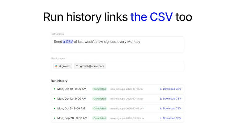 Basedash Scheduled CSV Exports - 一次提问，每周准时获取最新 CSV 文件至 Slack 或邮箱。 产品图片 4