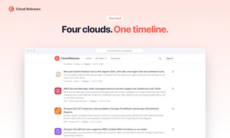 Cloud Releases - 汇聚 AWS、Azure、GCP 与 Cloudflare 所有动态的一站式信息流 产品图片 2