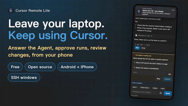 Cursor Remote Lite - 用手机远程操控电脑上的 Cursor 产品图片 1