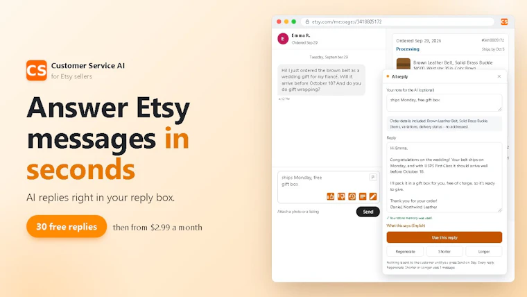 Customer Service AI for Etsy - 秒回Etsy买家消息,始终保持专业水准 产品图片 1