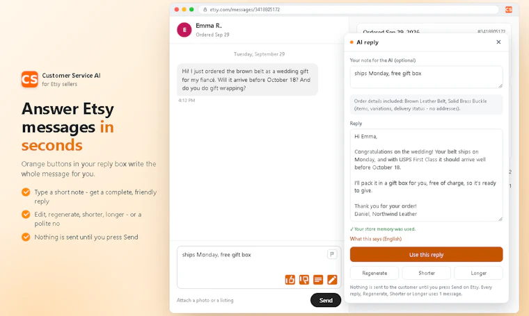 Customer Service AI for Etsy - 秒回Etsy买家消息,始终保持专业水准 产品图片 2