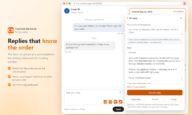 Customer Service AI for Etsy - 秒回Etsy买家消息,始终保持专业水准 产品图片 4