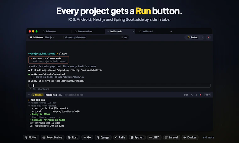 DevTerminal - 一款带有“运行”按钮的 macOS 终端，能自动识别当前项目 产品图片 3