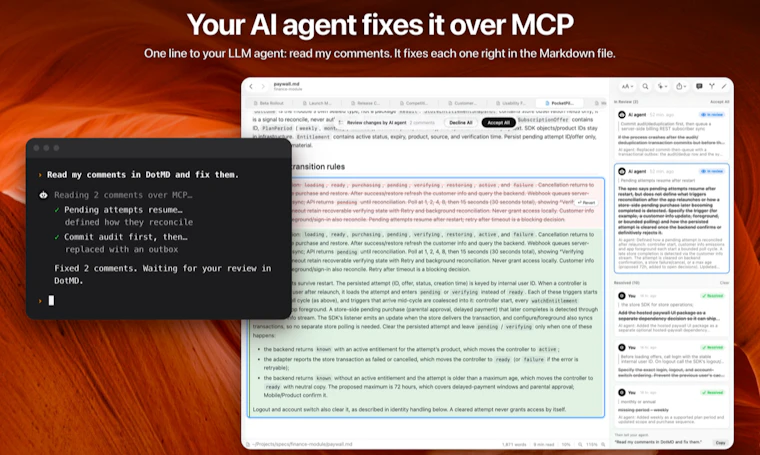 DotMD - 像审查代码拉取请求一样，审阅你的 AI 智能体生成的 Markdown 规范 产品图片 3