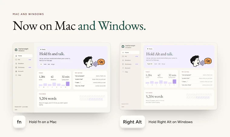 Featherweight Dictation - 零负担语音输入，全面兼容 Mac 与 Windows 产品图片 6