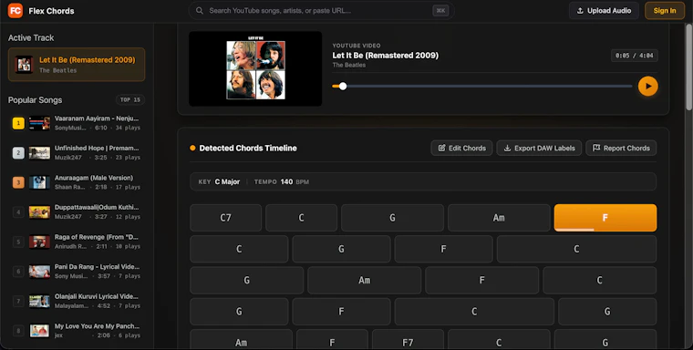 FlexChords - 将任意YouTube视频瞬间转化为精准可弹的吉他谱 产品图片 2
