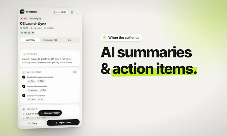 MeetNote - 专为 Google Meet 打造的 AI 会议记录，无需机器人加入通话 产品图片 3