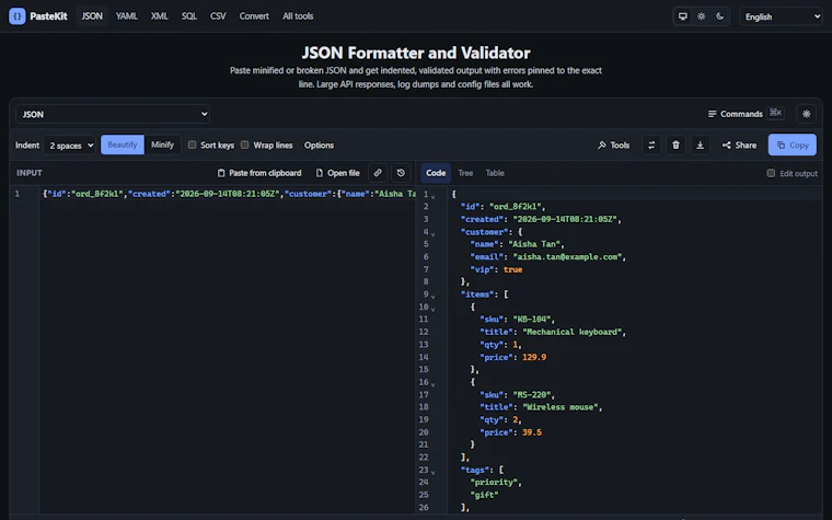 PasteKit - 私密格式化 JSON、YAML 与 SQL 产品图片 2