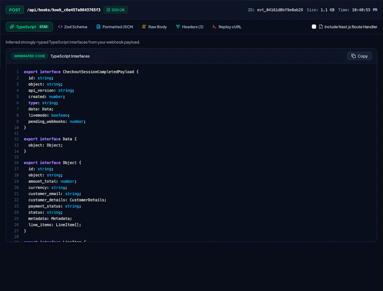 Payload Peek - 捕获Webhook，检查数据载荷，一键生成TypeScript。 产品图片 2